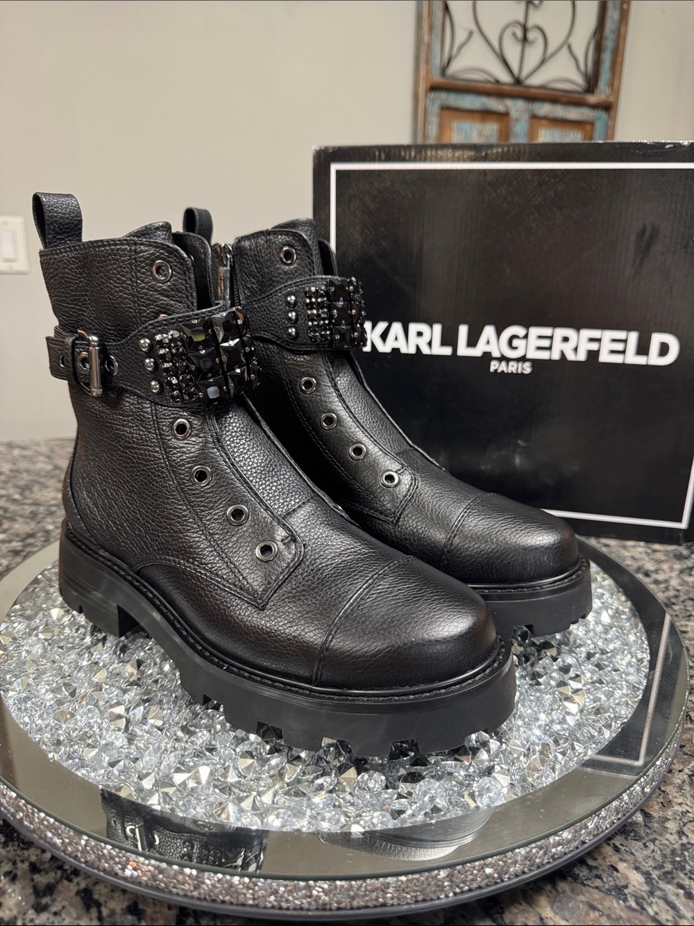 Karl Lagerfeld Maeva Black leather Studded Moto Combat Boots crystals NEW 8.5